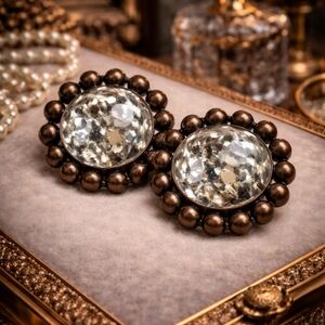 RARE 70s Vintage Bronze Clip-On Earrings – Clear Glass Dome Statement Pair